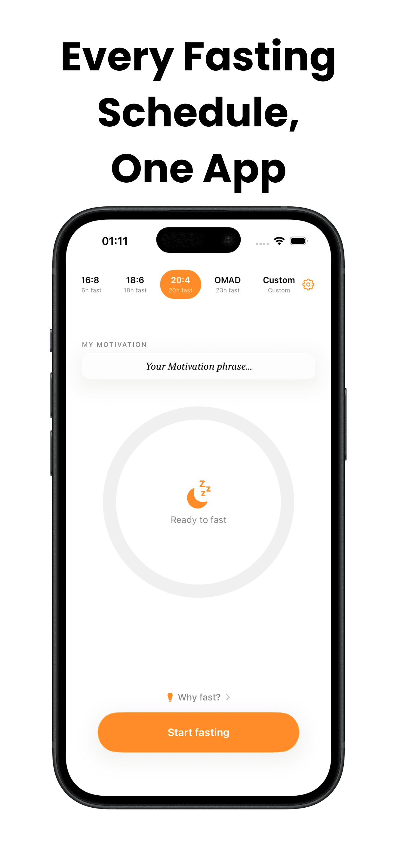 Faast app screen showing every fasting schedule: 16:8, 18:6, 20:4, OMAD and Custom